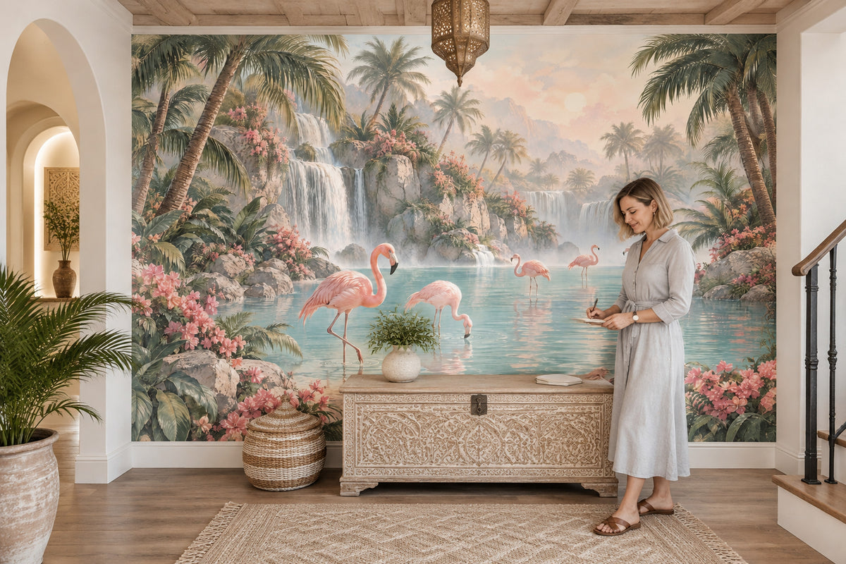 Flamingolu Şelale Manzaralı Poster Duvar Kağıdı Pastel Tropikal Salon