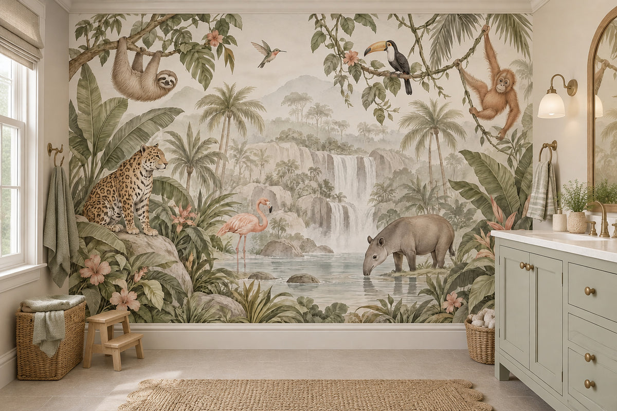 Jungle Hayvanlı Poster Duvar Kağıdı Yeşil Çocuk Odası
