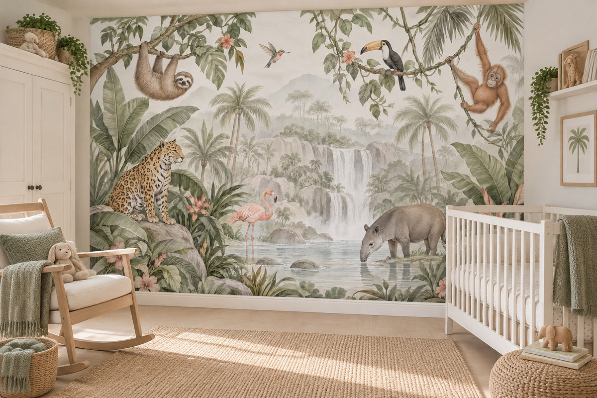 Jungle Hayvanlı Poster Duvar Kağıdı Yeşil Çocuk Odası