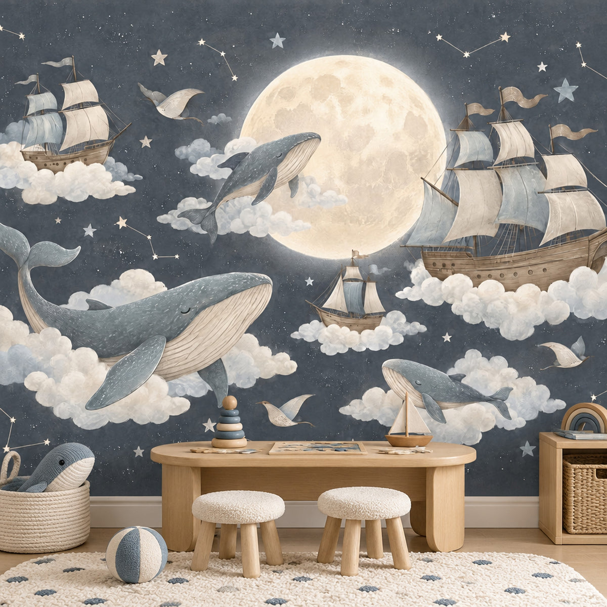 Ay ve Balinalı Poster Duvar Kağıdı Lacivert Çocuk Odası