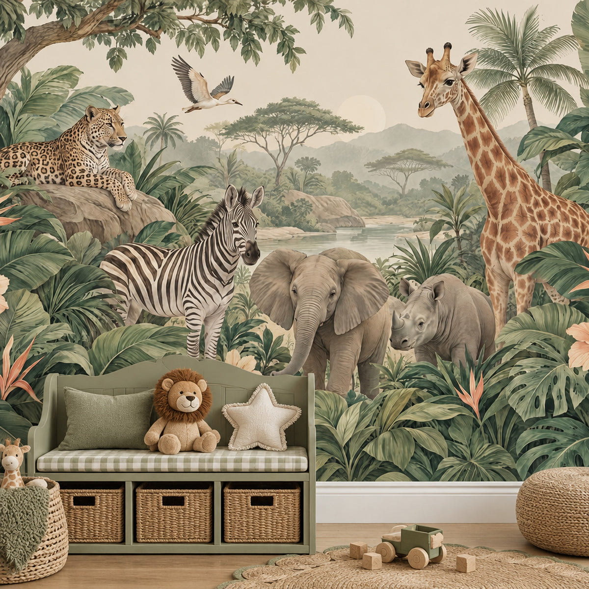 Safari Hayvanlı Poster Duvar Kağıdı Yeşil Çocuk Odası