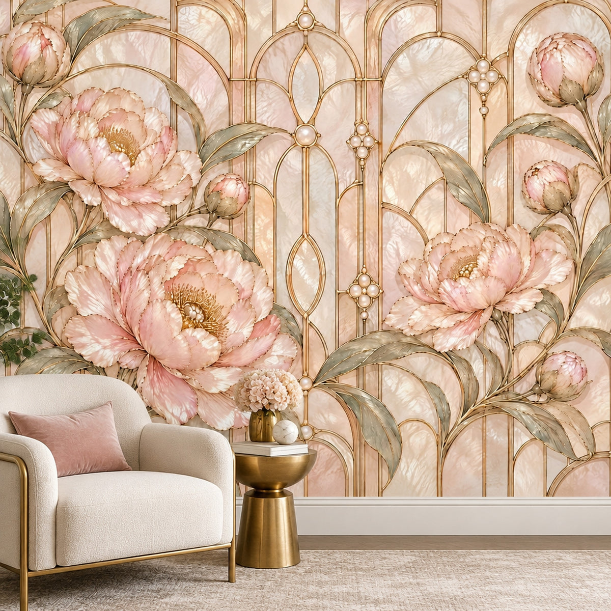Art Deco Çiçekli Poster Duvar Kağıdı Pudra Pembe Altın Çizgili