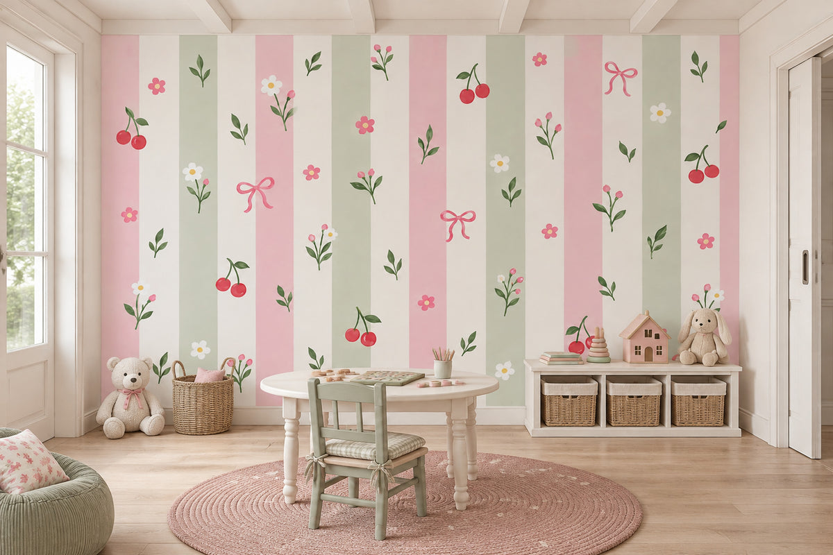 Kiraz ve Çiçek Desenli Poster Duvar Kağıdı Pembe Yeşil