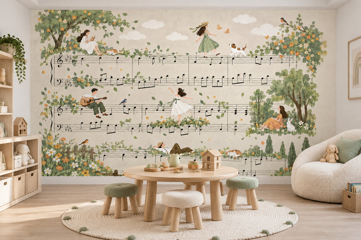 Müzik Notalı Poster Duvar Kağıdı Yeşil Doğa Temalı Çocuk Odası