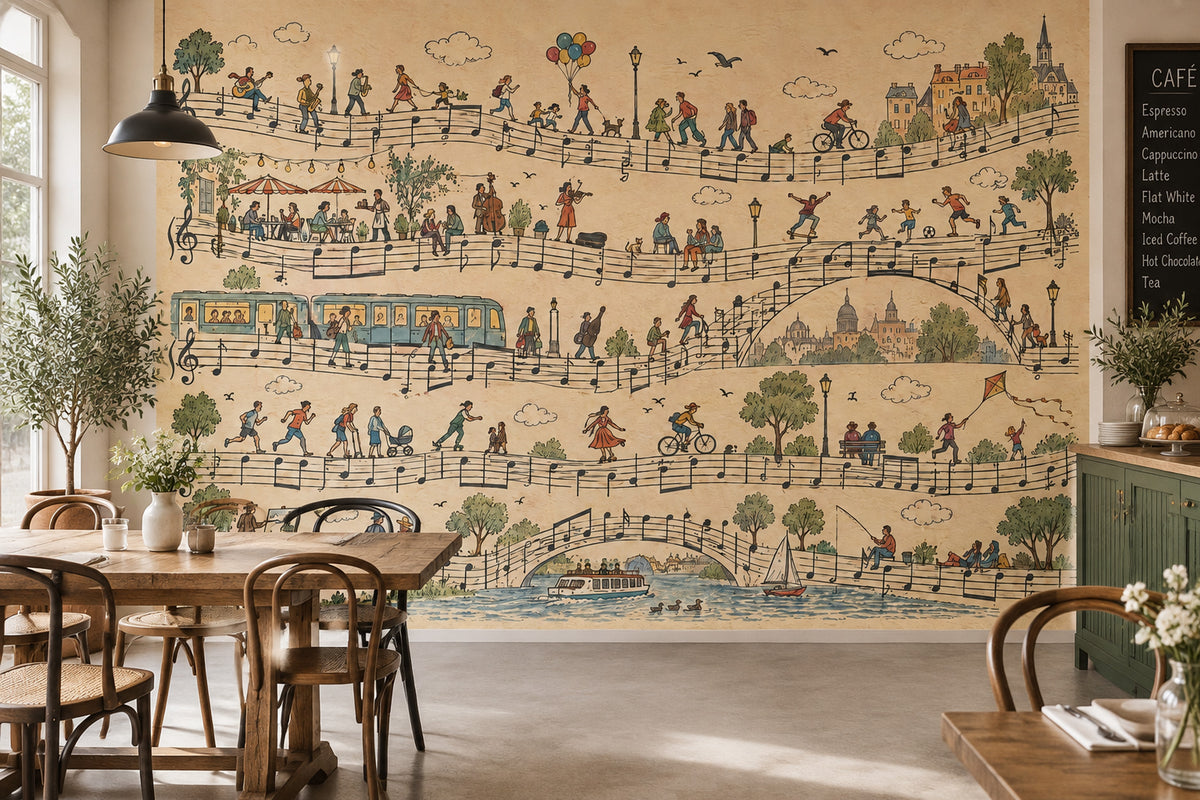 Müzik Notalı Şehir Manzaralı Poster Duvar Kağıdı Bej Çocuk Odası