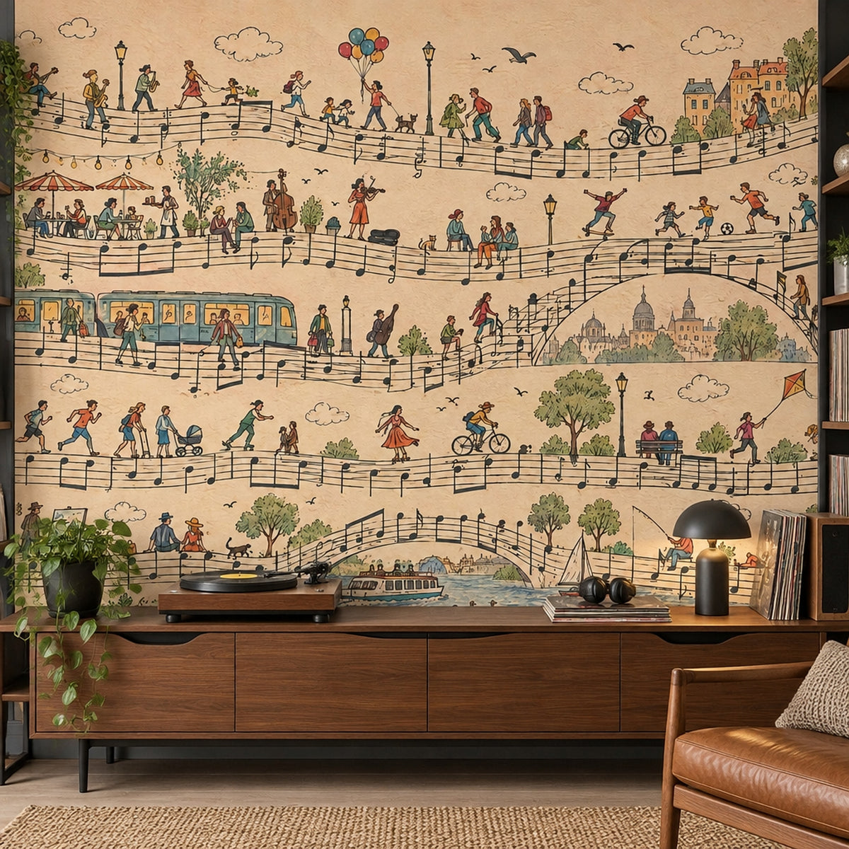 Müzik Notalı Şehir Manzaralı Poster Duvar Kağıdı Bej Çocuk Odası