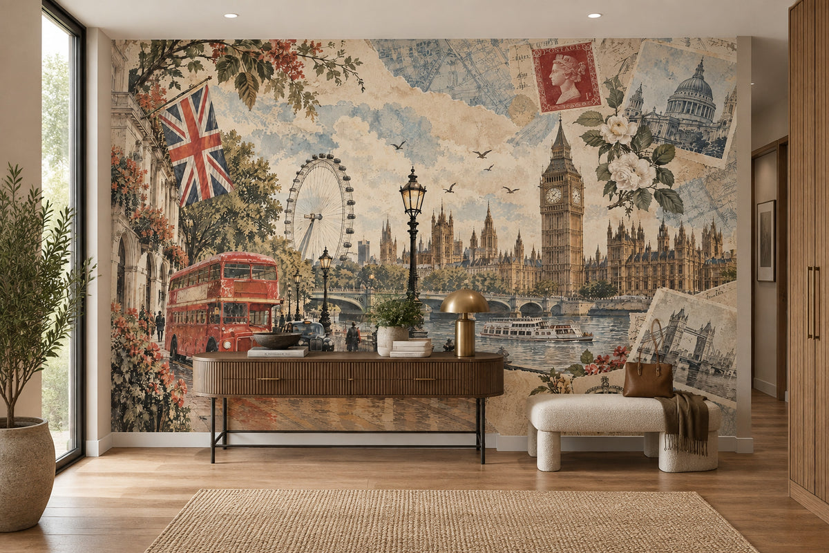 Londra Manzaralı Poster Duvar Kağıdı Kırmızı Otobüslü Vintage