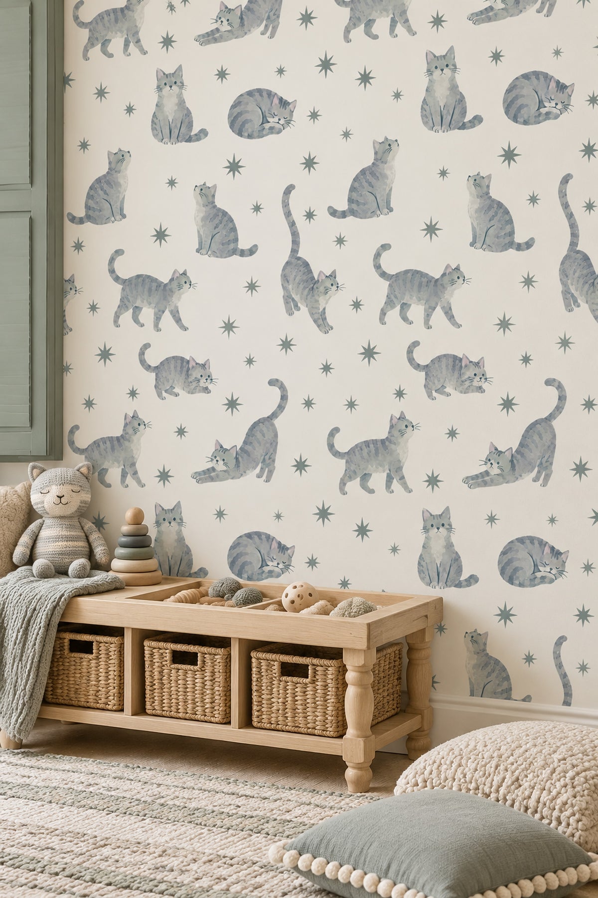 Yıldızlı Kedi Desenli Duvar Kağıdı Gri Çocuk Odası