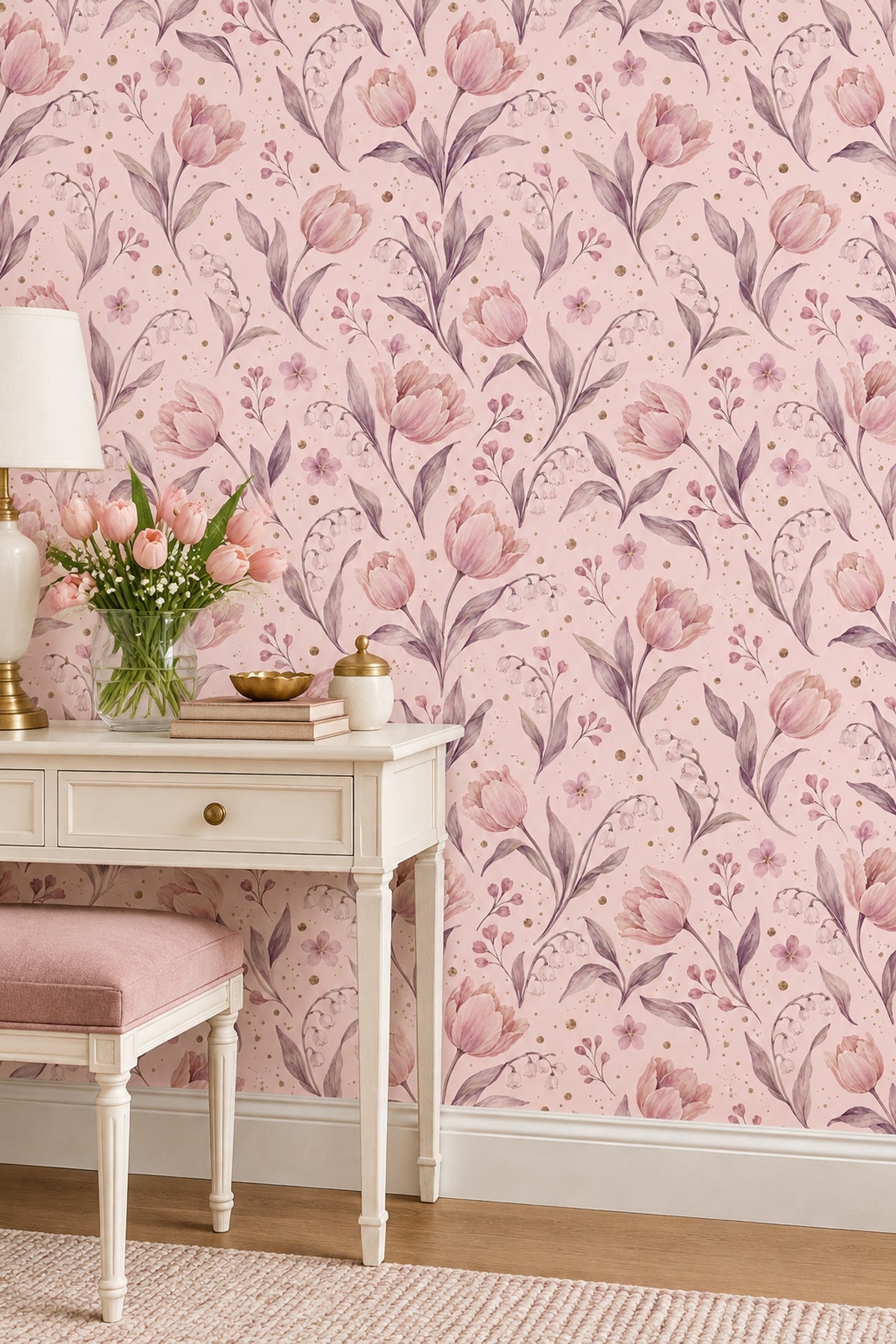Pudra Pembe Lale Desenli Duvar Kağıdı Romantik Salon