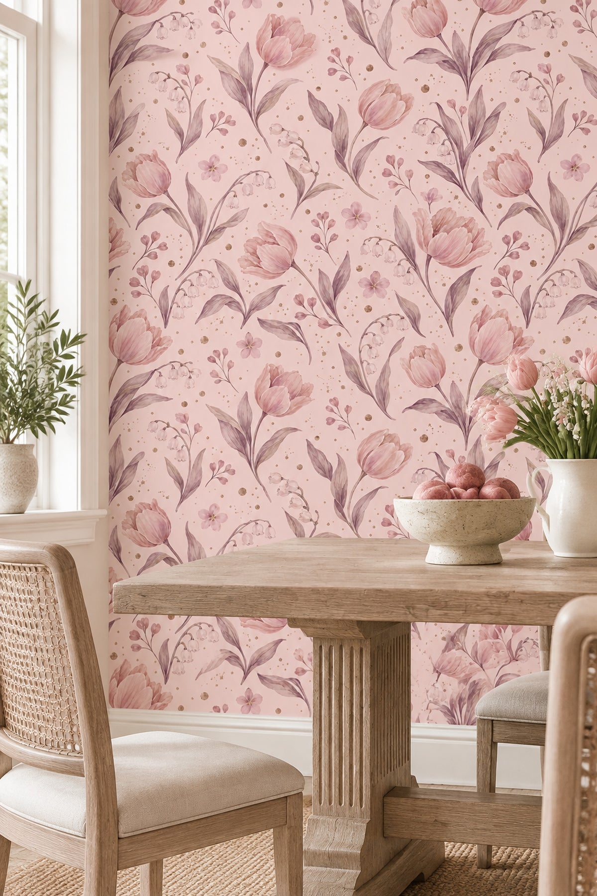 Pudra Pembe Lale Desenli Duvar Kağıdı Romantik Salon