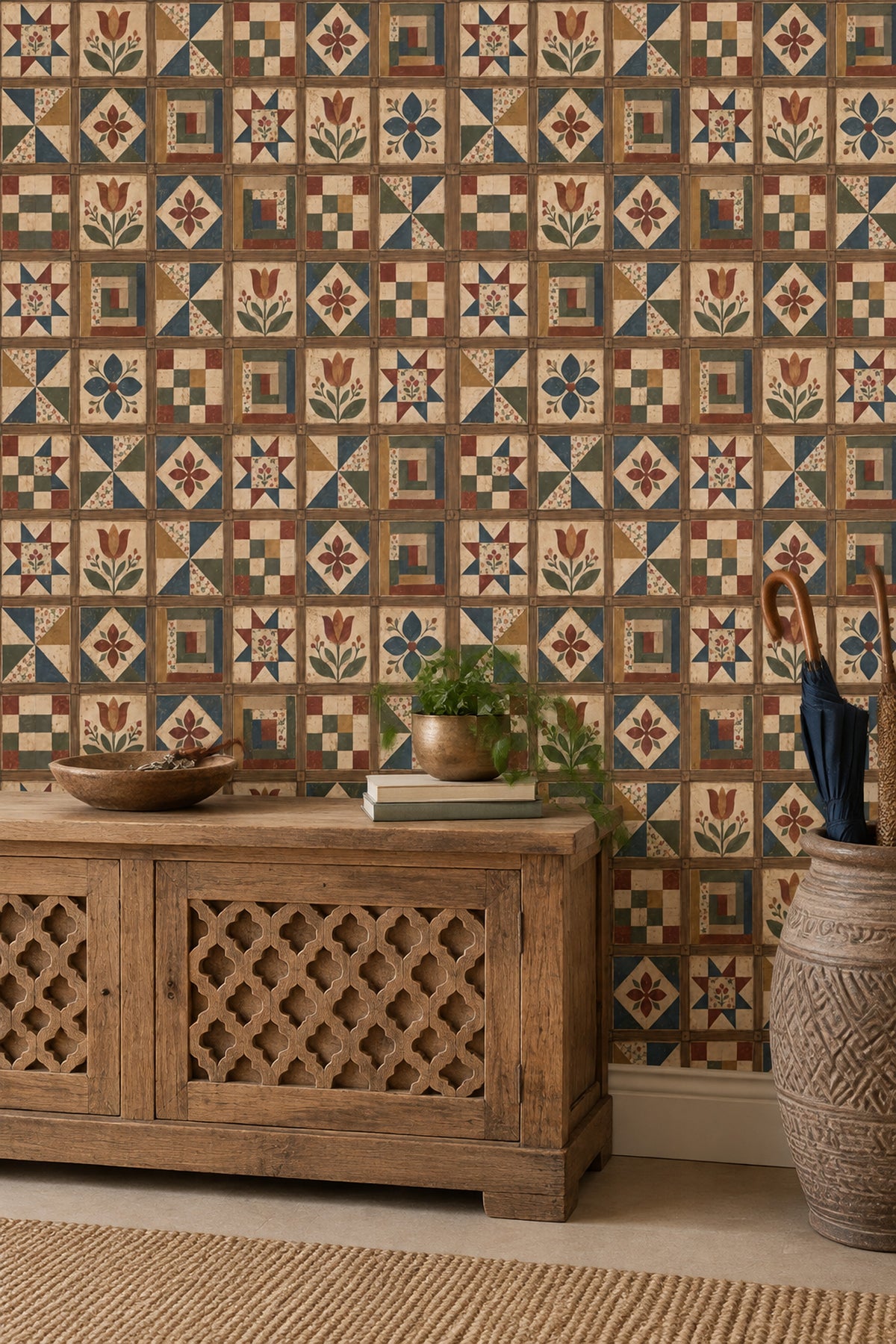 Patchwork Çini Desenli Duvar Kağıdı Renkli Retro Salon