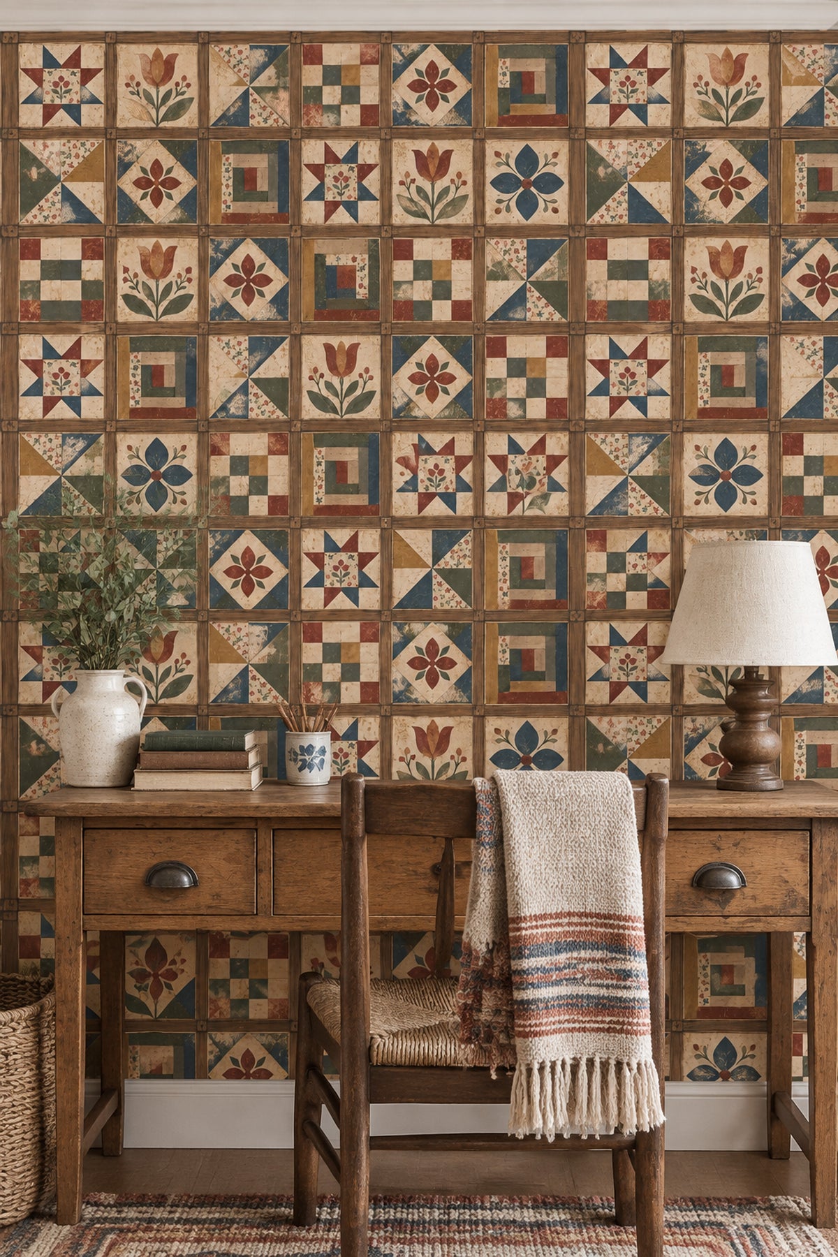 Patchwork Çini Desenli Duvar Kağıdı Renkli Retro Salon