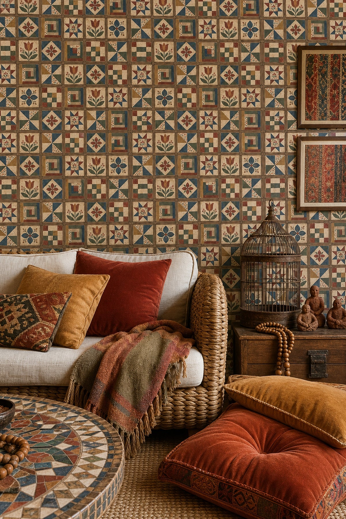 Patchwork Çini Desenli Duvar Kağıdı Renkli Retro Salon