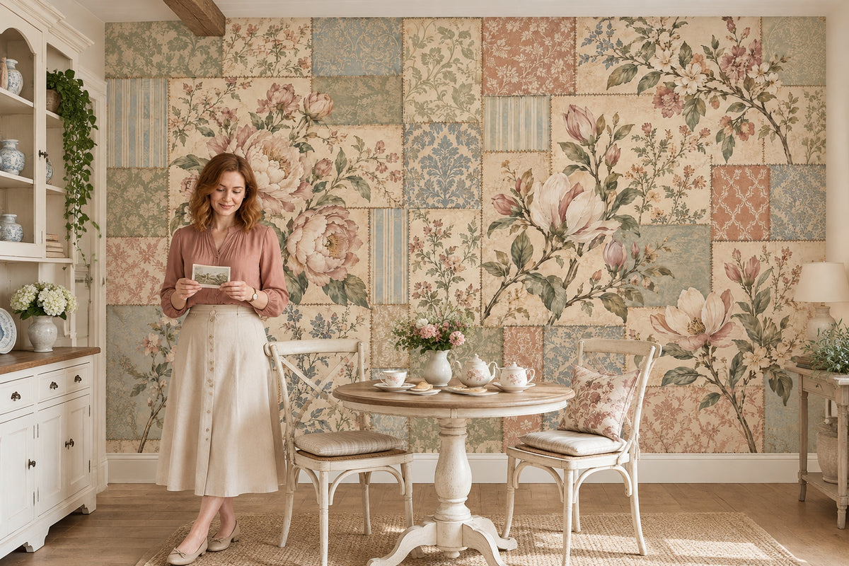 Patchwork Çiçek Desenli Poster Duvar Kağıdı Pastel Salon