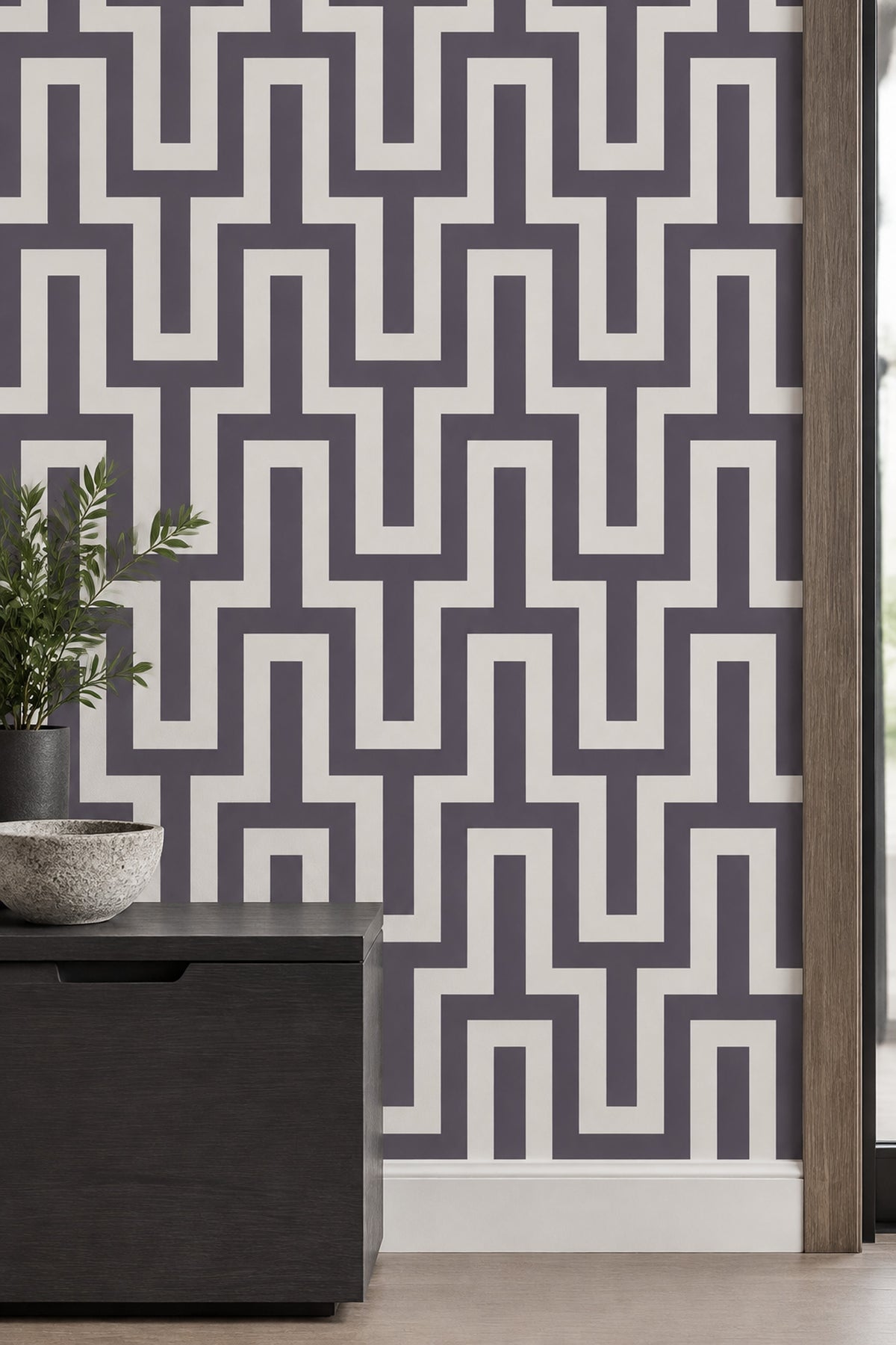 Geometrik Labirent Desenli Duvar Kağıdı Gri Beyaz Salon