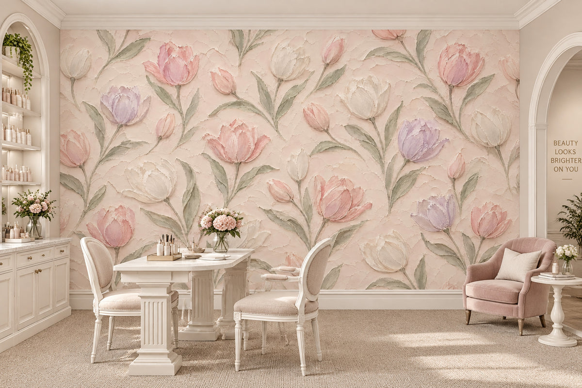 Pastel Lale Desenli Poster Duvar Kağıdı Pudra Pembe Salon
