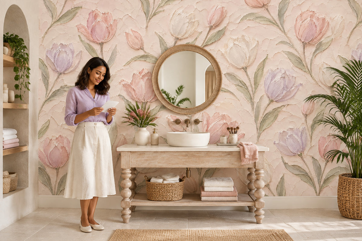 Pastel Lale Desenli Poster Duvar Kağıdı Pudra Pembe Salon