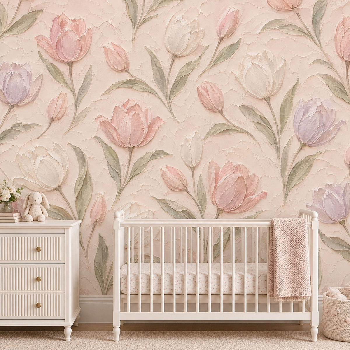 Pastel Lale Desenli Poster Duvar Kağıdı Pudra Pembe Salon
