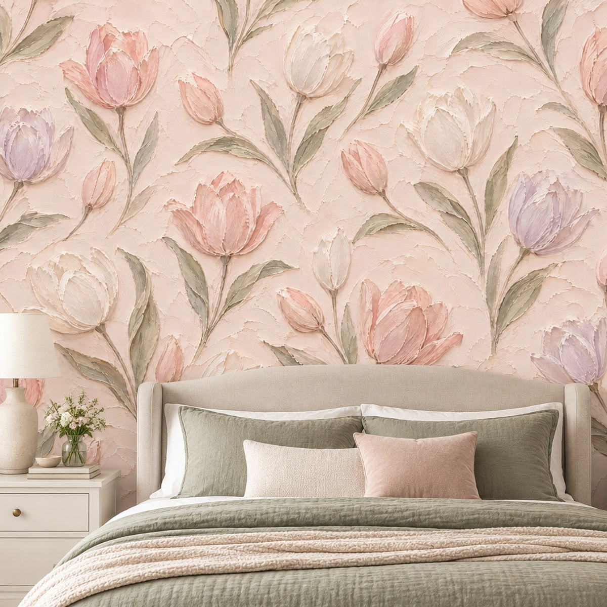 Pastel Lale Desenli Poster Duvar Kağıdı Pudra Pembe Salon