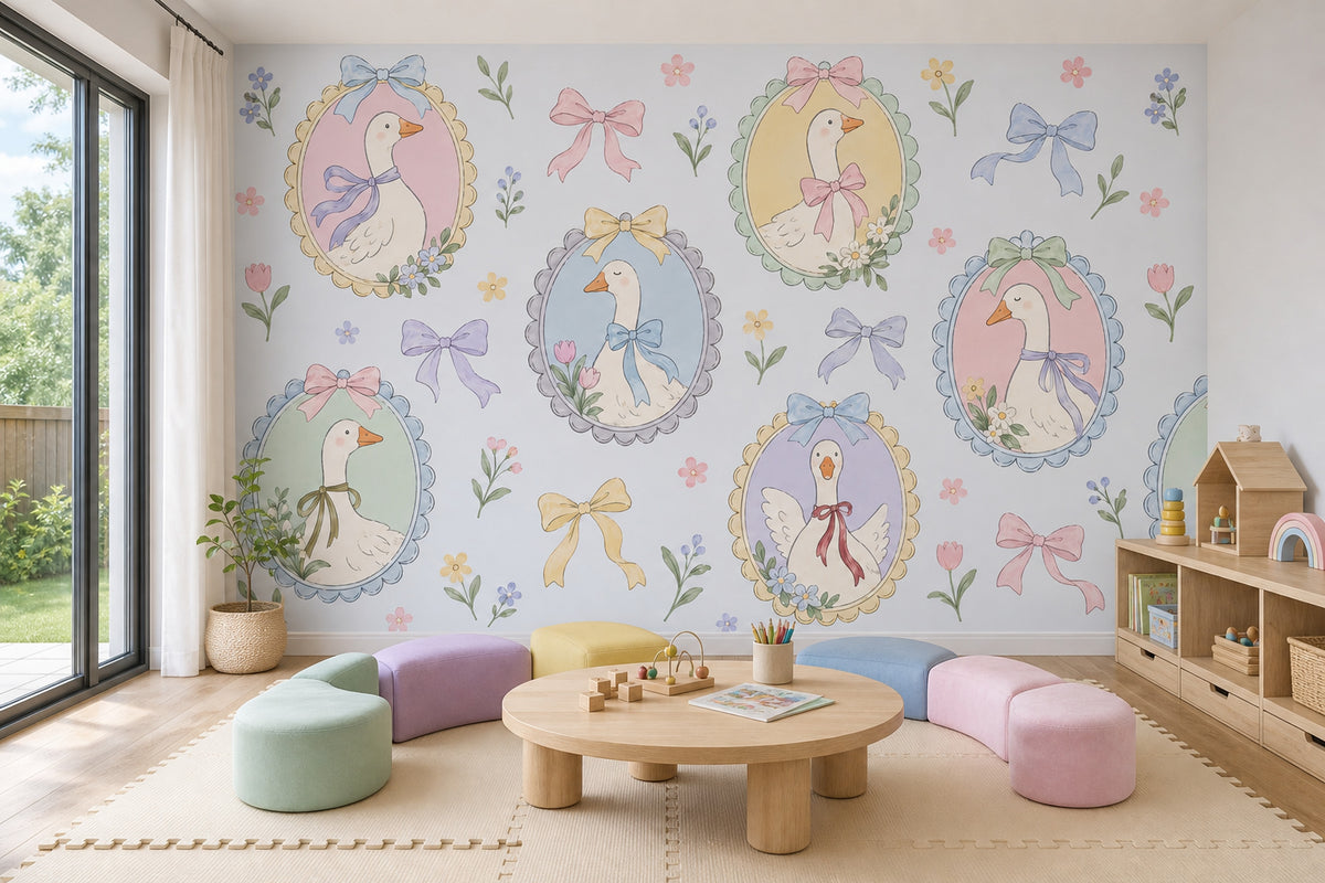 Kurdelalı Kazlı Poster Duvar Kağıdı Pastel Çocuk Odası Deseni