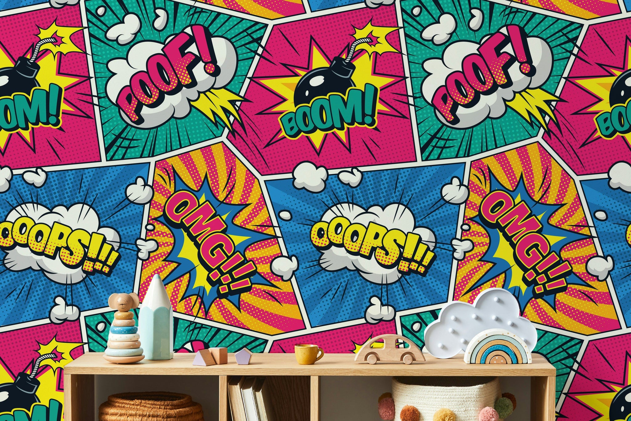 Pop Art Çizgi Roman Duvar Kağıdı Sarı Mavi Genç Odası