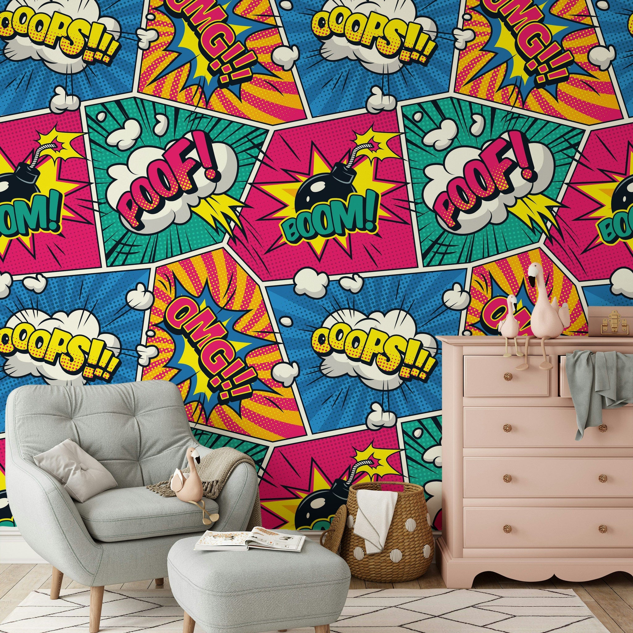 Pop Art Çizgi Roman Duvar Kağıdı Sarı Mavi Genç Odası