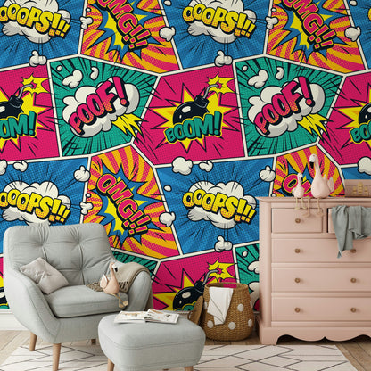 Pop Art Çizgi Roman Duvar Kağıdı Sarı Mavi Genç Odası