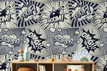 Çizgi Roman Duvar Kağıdı Siyah Beyaz Pop Art Desen