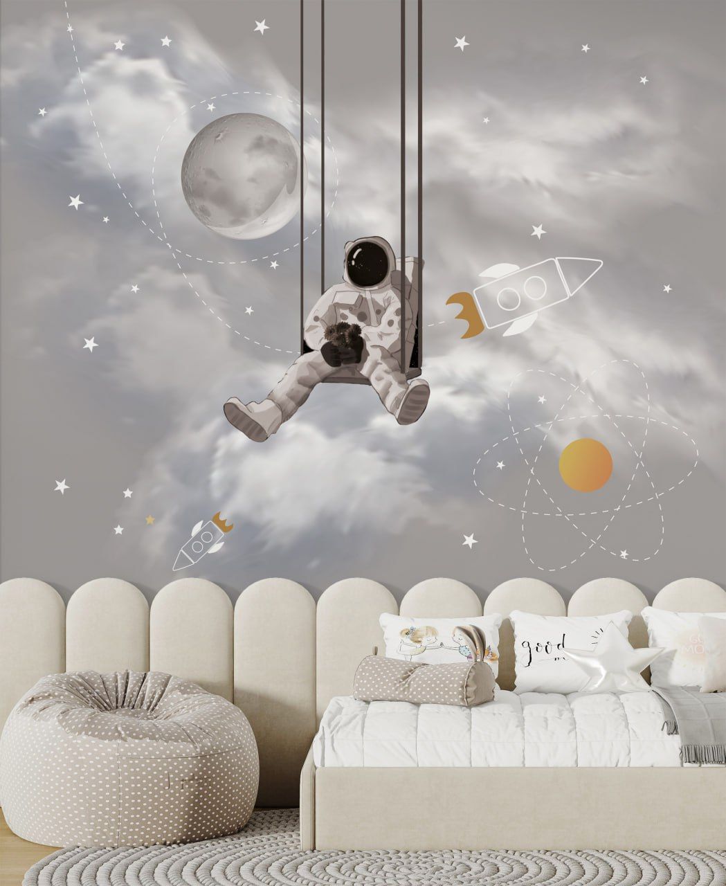 Astronot ve Roketli Poster Duvar Kağıdı Gri Çocuk Odası