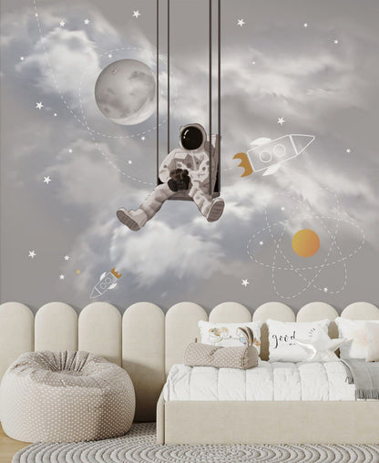 Astronot ve Roketli Poster Duvar Kağıdı Gri Çocuk Odası