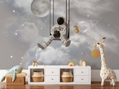 Astronot ve Roketli Poster Duvar Kağıdı Gri Çocuk Odası