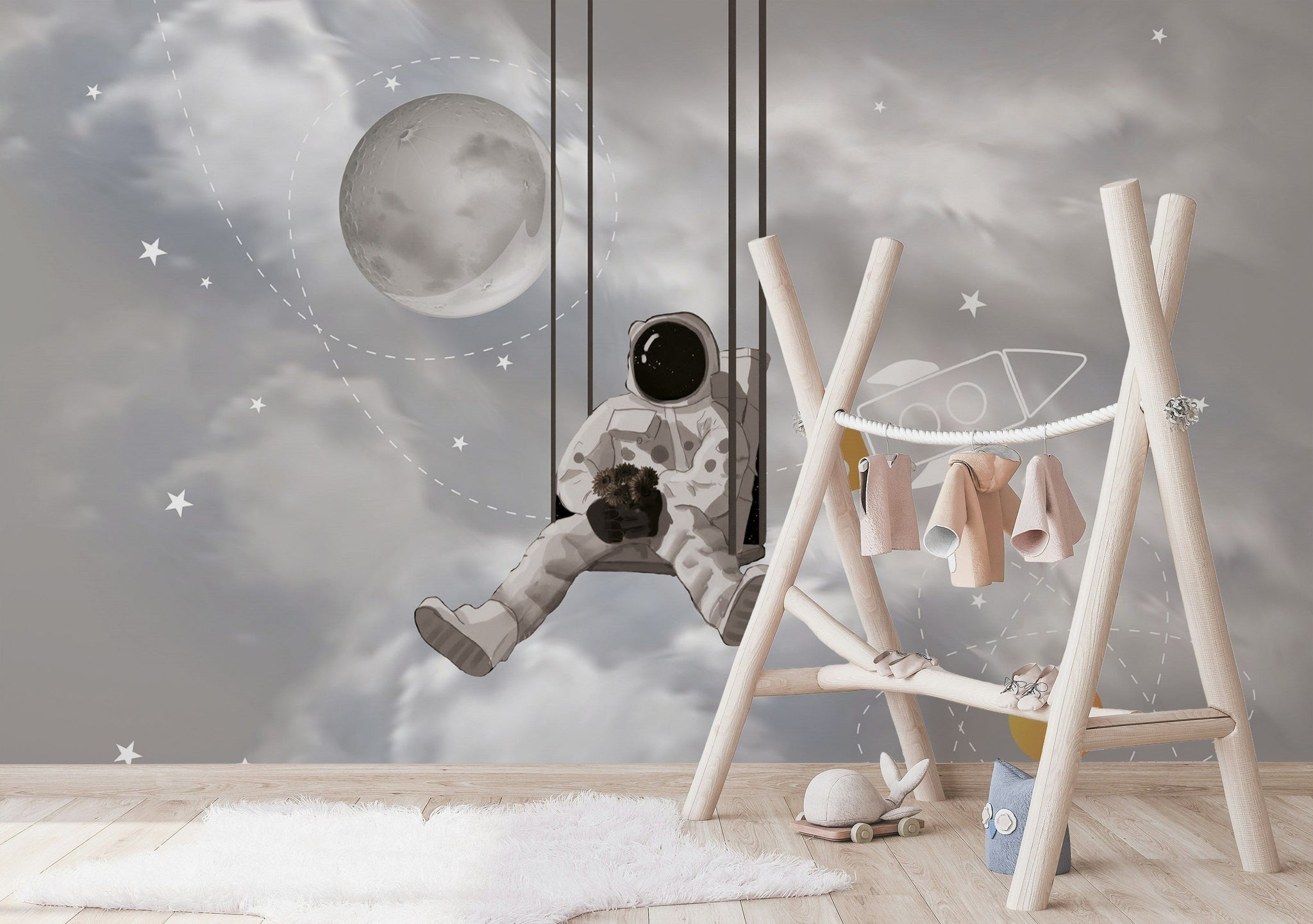 Astronot ve Roketli Poster Duvar Kağıdı Gri Çocuk Odası