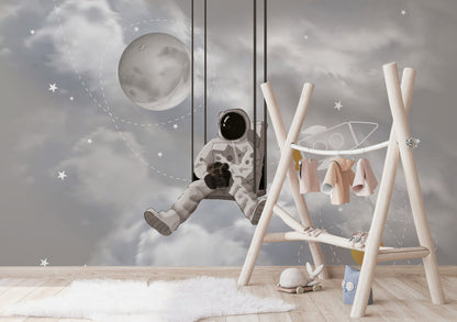 Astronot ve Roketli Poster Duvar Kağıdı Gri Çocuk Odası