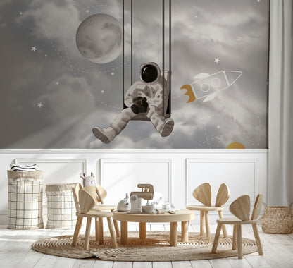 Astronot ve Roketli Poster Duvar Kağıdı Gri Çocuk Odası