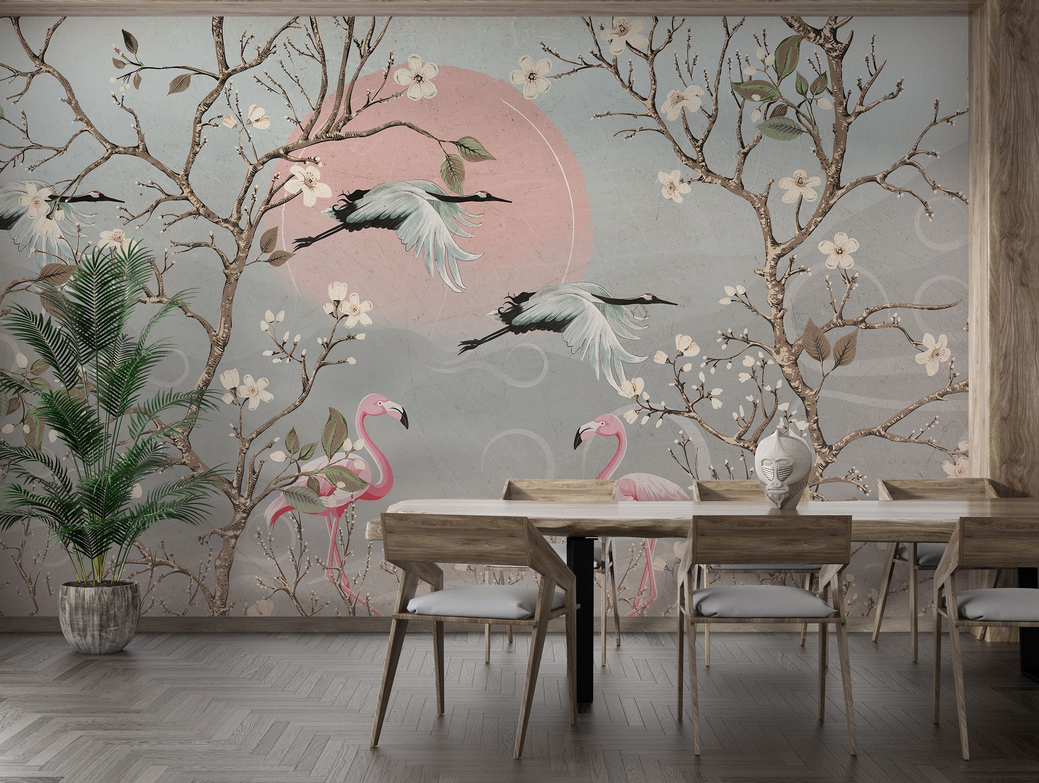 Turnalı Flamingolu Poster Duvar Kağıdı Gri Japon Bahçesi Salon
