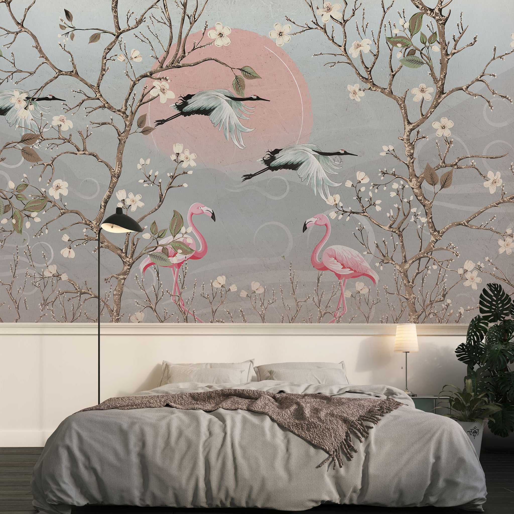 Turnalı Flamingolu Poster Duvar Kağıdı Gri Japon Bahçesi Salon