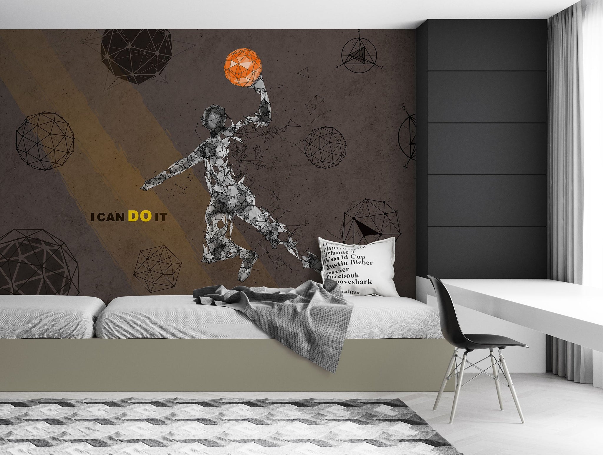 Geometrik Basketbolcu Poster Duvar Kağıdı Gri Turuncu Genç Odası