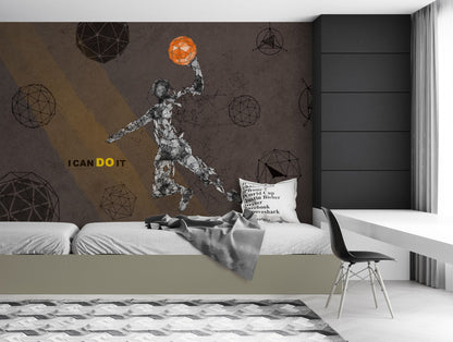 Geometrik Basketbolcu Poster Duvar Kağıdı Gri Turuncu Genç Odası