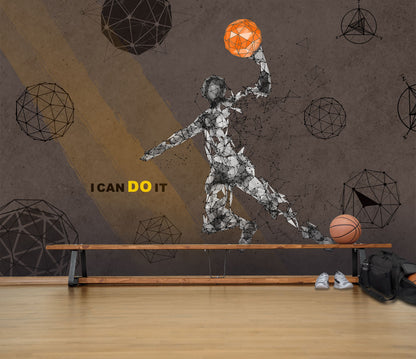 Geometrik Basketbolcu Poster Duvar Kağıdı Gri Turuncu Genç Odası