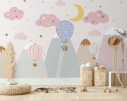 Sıcak Hava Balonlu Poster Duvar Kağıdı Pastel Çocuk Odası