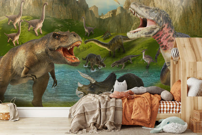 Dinozor Temalı Poster Duvar Kağıdı Yeşil Doğa Çocuk Odası