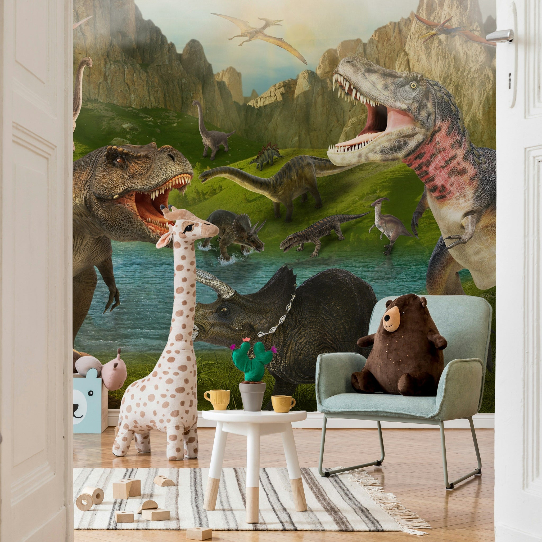 Dinozor Temalı Poster Duvar Kağıdı Yeşil Doğa Çocuk Odası