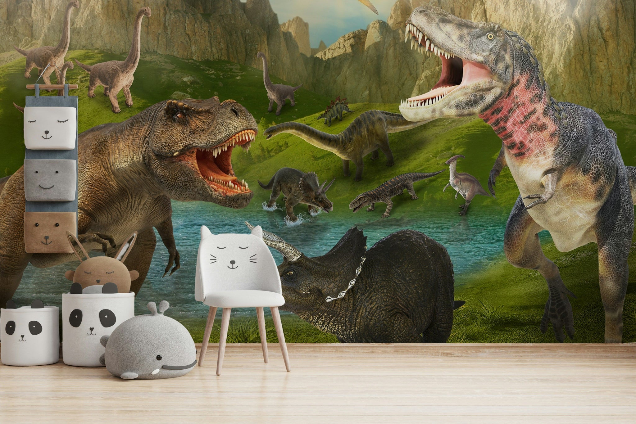Dinozor Temalı Poster Duvar Kağıdı Yeşil Doğa Çocuk Odası
