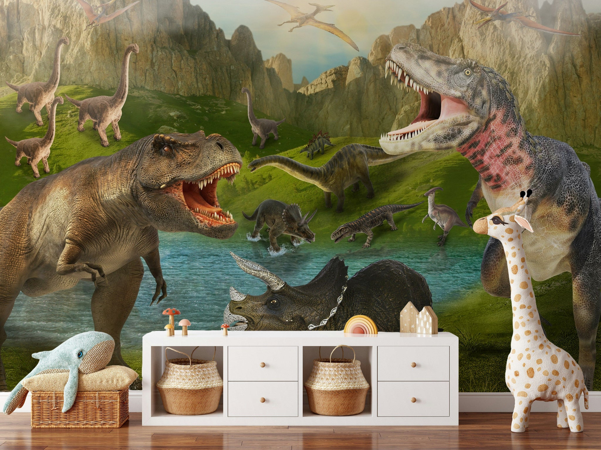 Dinozor Temalı Poster Duvar Kağıdı Yeşil Doğa Çocuk Odası