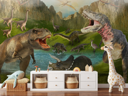 Dinozor Temalı Poster Duvar Kağıdı Yeşil Doğa Çocuk Odası