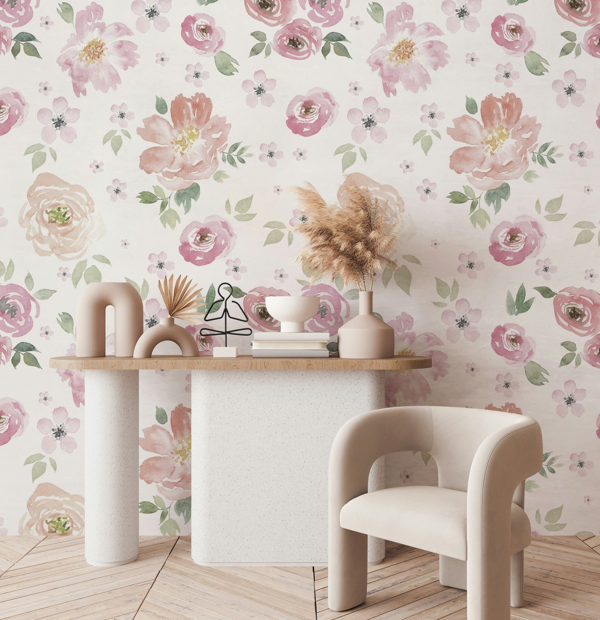 Suluboya Pembe Çiçekli Poster Duvar Kağıdı Salon Duvar Dekoru