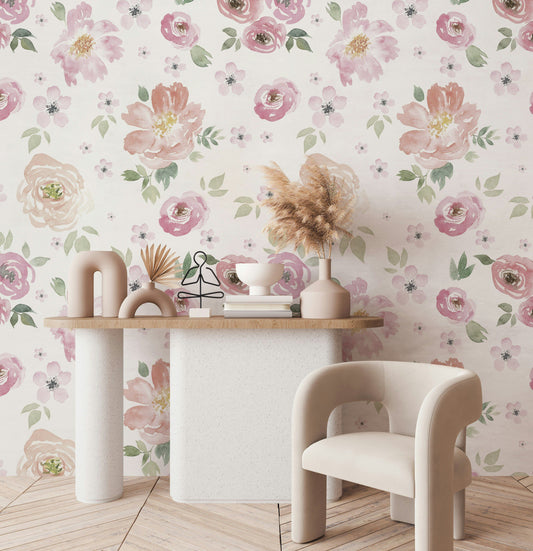 Suluboya Pembe Çiçekli Poster Duvar Kağıdı Salon Duvar Dekoru