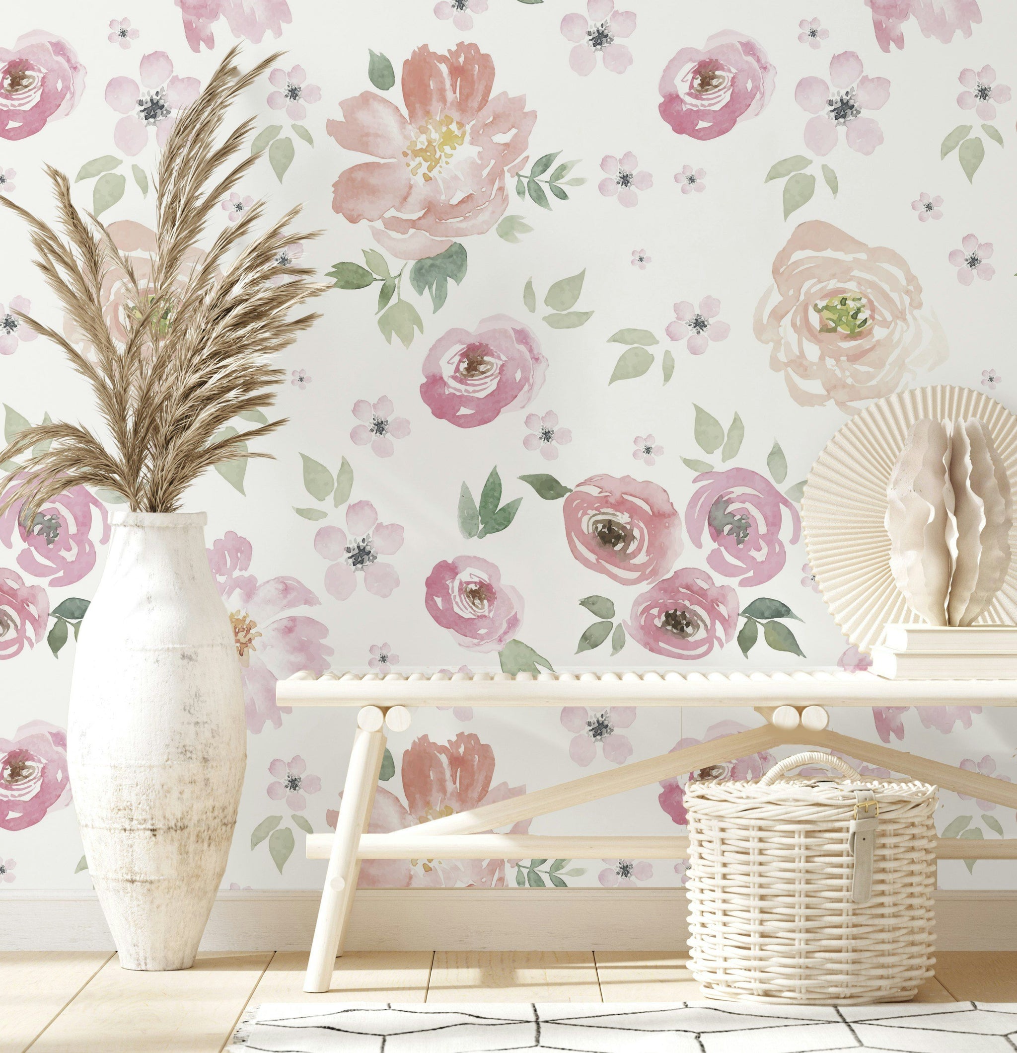 Suluboya Pembe Çiçekli Poster Duvar Kağıdı Salon Duvar Dekoru