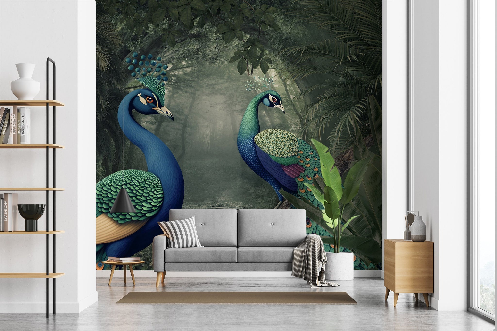 Tavus Kuşu Poster Duvar Kağıdı Yeşil Orman Desenli Salon