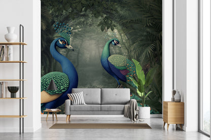 Tavus Kuşu Poster Duvar Kağıdı Yeşil Orman Desenli Salon